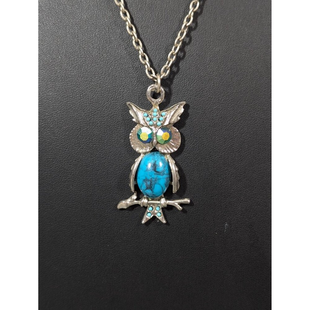 Vintage Blue Faux Turquoise Rhinestone Owl Pendant Necklace Silver Tone 20"